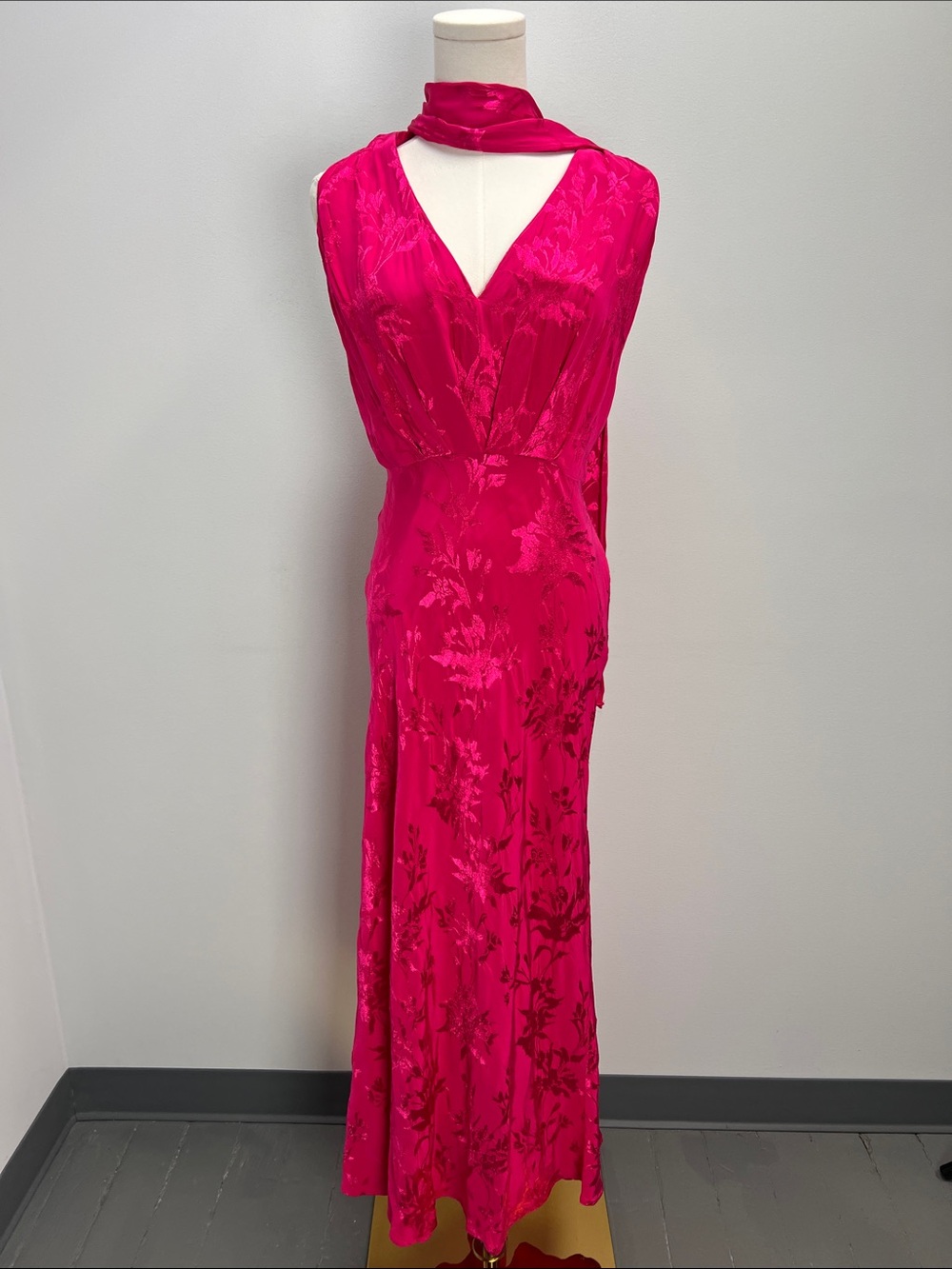 Zara Pink Jacquard Halter Dress With Neck Scarf Midi Maxi Floral Medium Blogger